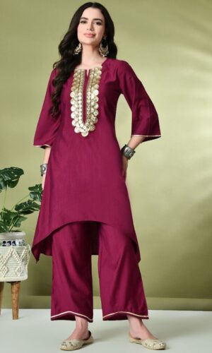 Ethnic Motifs Yoke Design Sequinned A-Line Kurta With Palazzos