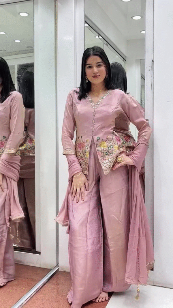 Mauve Pink Silk Peplum Kurta Set with Floral Thread and Mirror Embroidery, Paired with Flared Palazzo Pants and Coordinated Dupatta – Perfect for Festive and Wedding Occasions