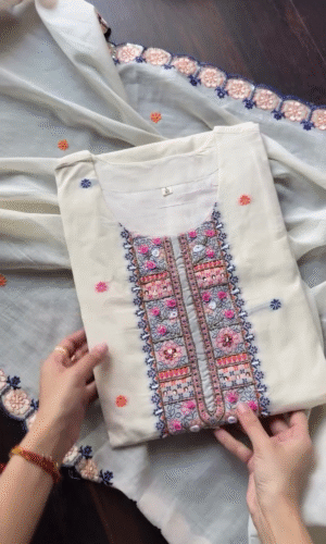 Elegant Cream Cotton Kurta Set – Multicolor Floral Embroidery with Organza Dupatta and Matching Pants