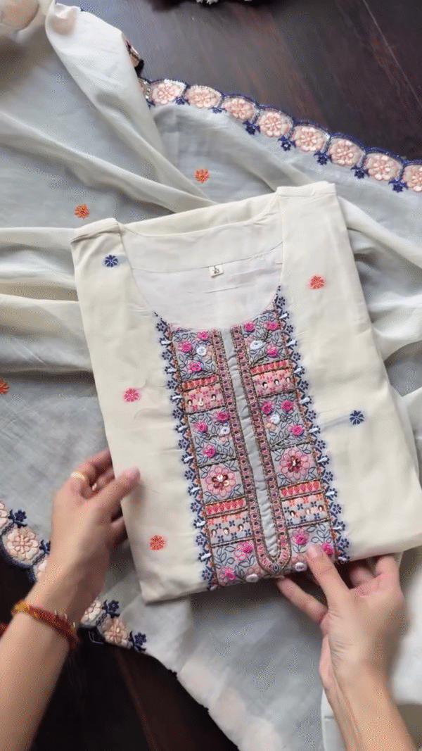 Elegant Cream Cotton Kurta Set – Multicolor Floral Embroidery with Organza Dupatta and Matching Pants