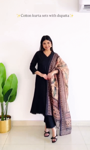 Cotton Kurta Sets with Printed and Embroidered Dupattas – Featuring Black with Kalamkari Art, Pastel Green with Ombre Weave, and White Floral Print with Pink Accents – Perfect Blend of Comfort, Style, and Everyday Ethnic Charm