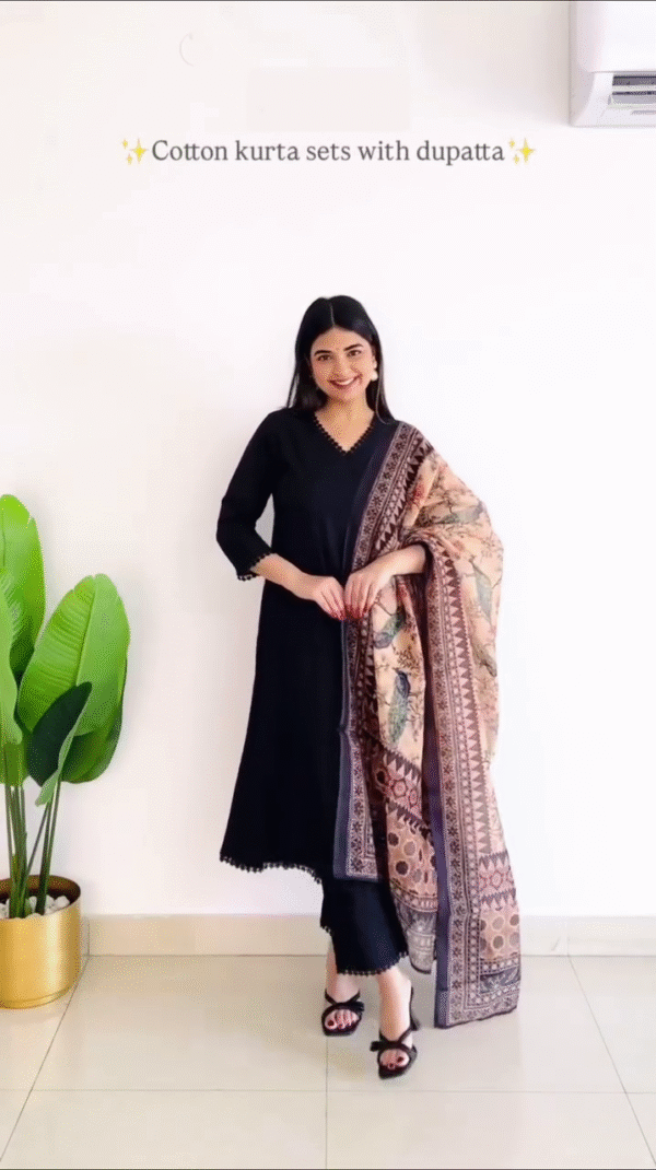 Cotton Kurta Sets with Printed and Embroidered Dupattas – Featuring Black with Kalamkari Art, Pastel Green with Ombre Weave, and White Floral Print with Pink Accents – Perfect Blend of Comfort, Style, and Everyday Ethnic Charm