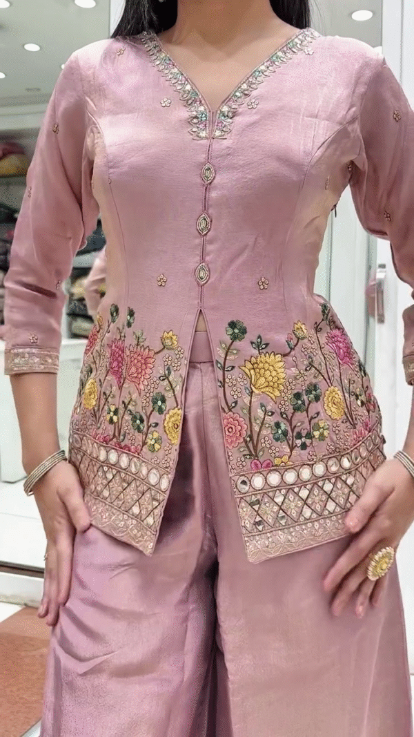 Mauve Pink Silk Peplum Kurta Set with Floral Thread and Mirror Embroidery, Paired with Flared Palazzo Pants and Coordinated Dupatta – Perfect for Festive and Wedding Occasions - Image 2