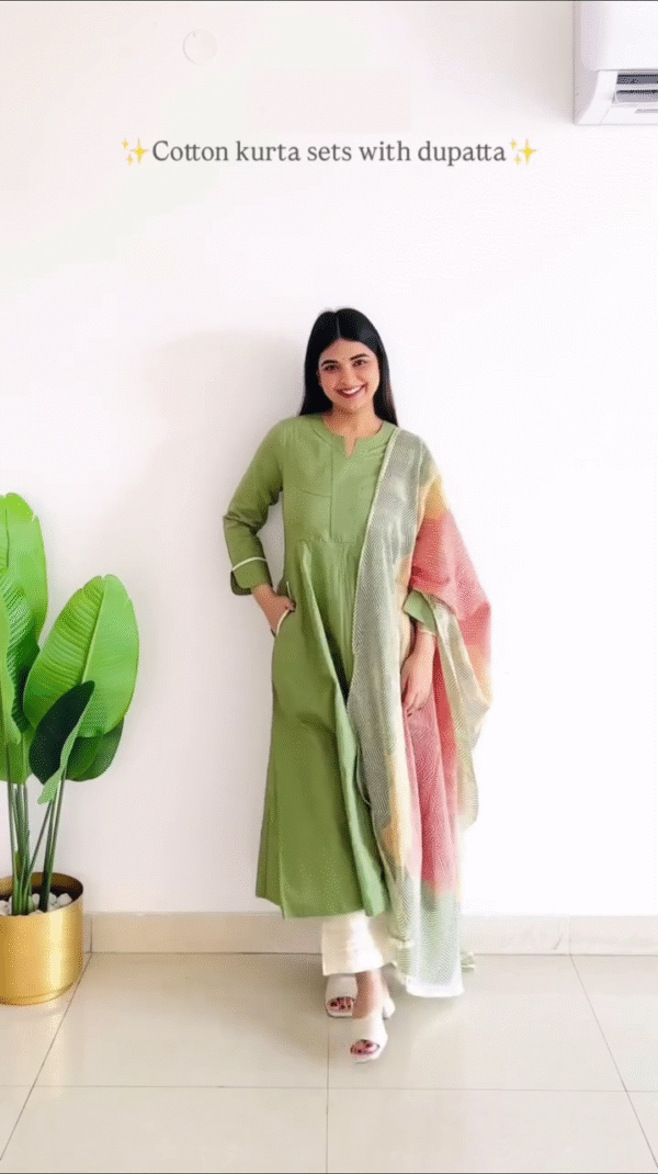 Cotton Kurta Sets with Printed and Embroidered Dupattas – Featuring Black with Kalamkari Art, Pastel Green with Ombre Weave, and White Floral Print with Pink Accents – Perfect Blend of Comfort, Style, and Everyday Ethnic Charm - Image 2