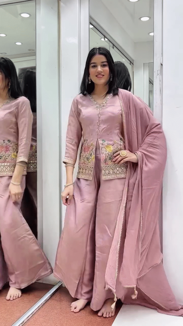 Mauve Pink Silk Peplum Kurta Set with Floral Thread and Mirror Embroidery, Paired with Flared Palazzo Pants and Coordinated Dupatta – Perfect for Festive and Wedding Occasions - Image 3
