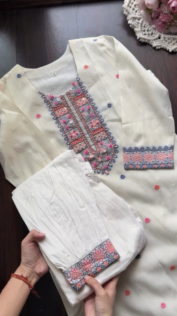 Elegant Cream Cotton Kurta Set – Multicolor Floral Embroidery with Organza Dupatta and Matching Pants - Image 4