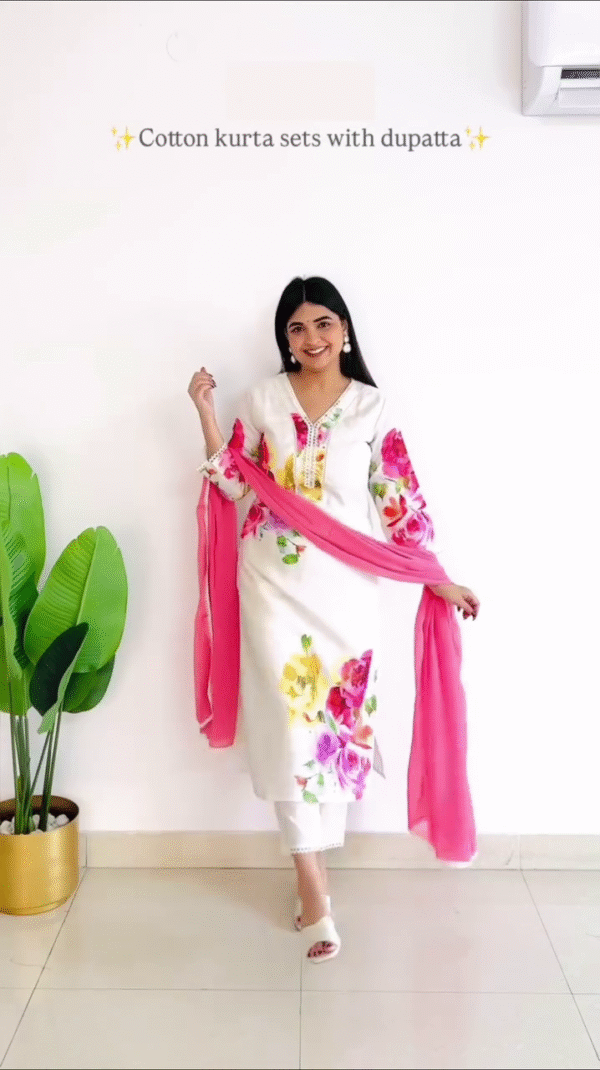 Cotton Kurta Sets with Printed and Embroidered Dupattas – Featuring Black with Kalamkari Art, Pastel Green with Ombre Weave, and White Floral Print with Pink Accents – Perfect Blend of Comfort, Style, and Everyday Ethnic Charm - Image 3