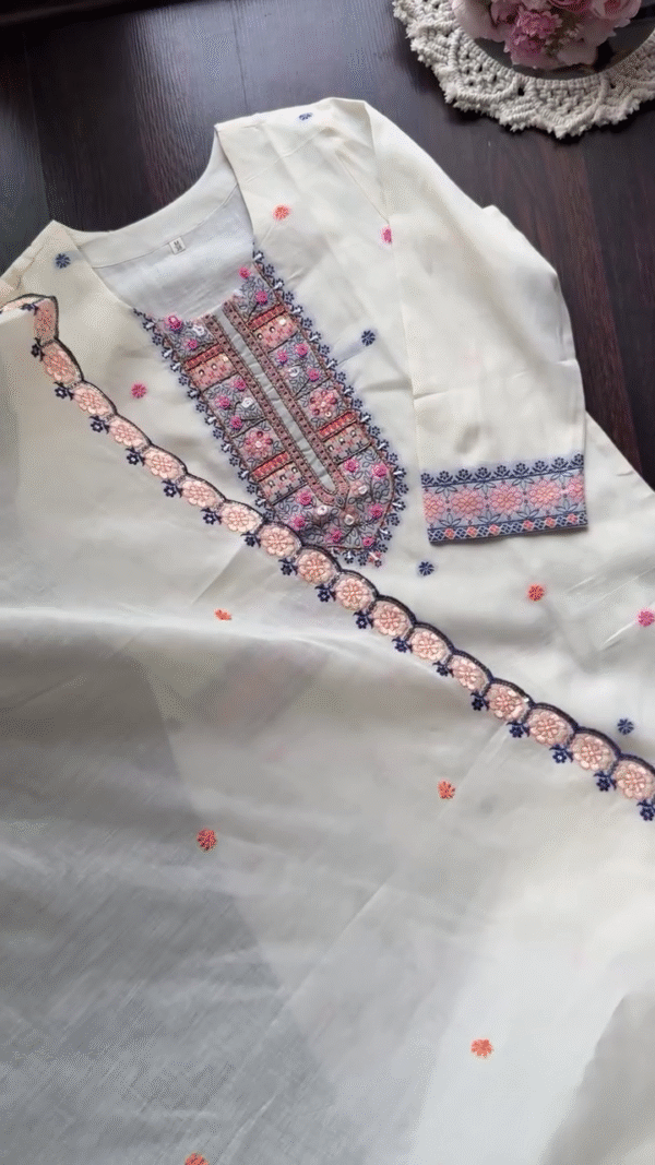 Elegant Cream Cotton Kurta Set – Multicolor Floral Embroidery with Organza Dupatta and Matching Pants - Image 3