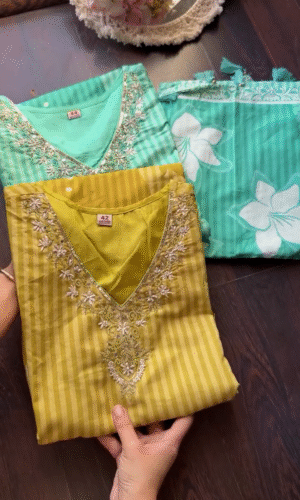 Embroidered Cotton Blend Striped Kurti Set – Elegant Three-Piece Suit with Floral Printed Dupatta and Matching Bottoms