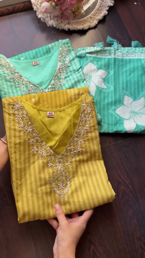 Embroidered Cotton Blend Striped Kurti Set – Elegant Three-Piece Suit with Floral Printed Dupatta and Matching Bottoms