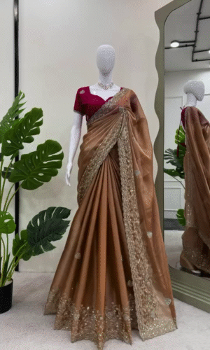 Elegant Bronze Silk Saree with Intricate Golden Embroidery and Contrasting Magenta Embellished Blouse – Perfect for Festive & Wedding Occasions