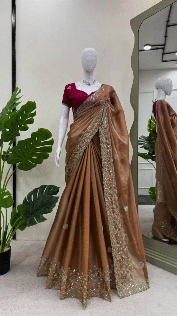 Elegant Bronze Silk Saree with Intricate Golden Embroidery and Contrasting Magenta Embellished Blouse – Perfect for Festive & Wedding Occasions
