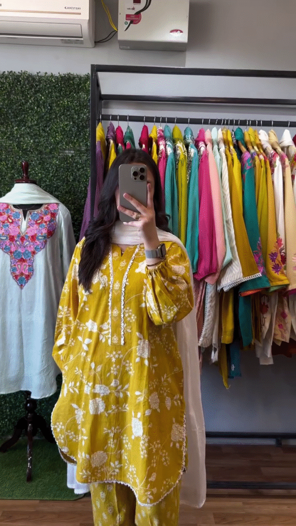 Mustard Yellow Floral Embroidered Cotton Kurta Set with Scalloped Edges, Straight Fit Pants, and White Dupatta – Elegant Everyday Ethnic Wear for a Fresh and Vibrant Look - Image 2