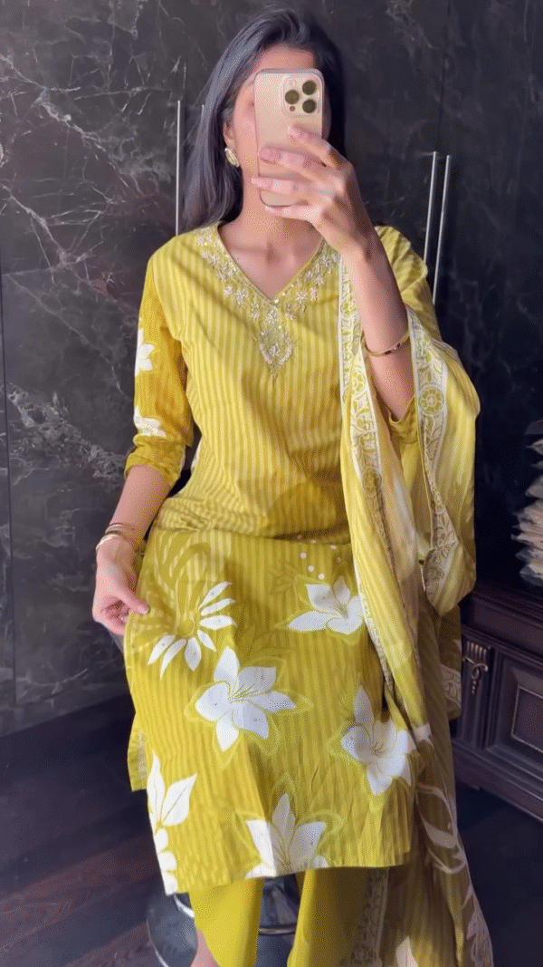 Embroidered Cotton Blend Striped Kurti Set – Elegant Three-Piece Suit with Floral Printed Dupatta and Matching Bottoms - Image 2
