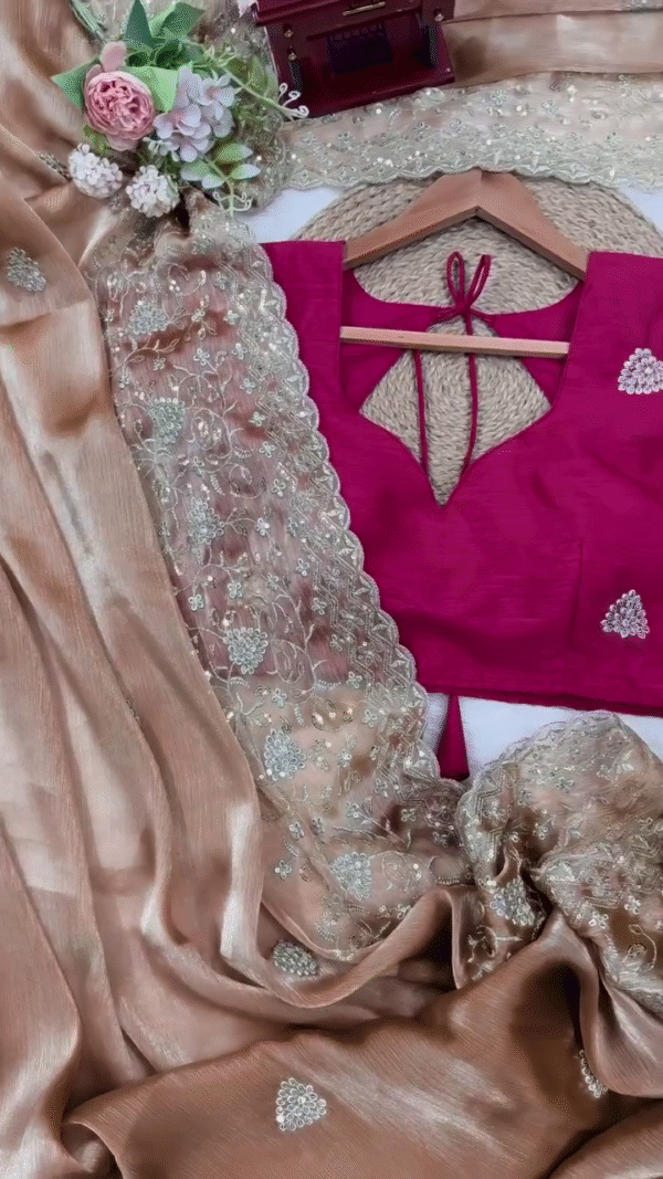 Elegant Bronze Silk Saree with Intricate Golden Embroidery and Contrasting Magenta Embellished Blouse – Perfect for Festive & Wedding Occasions - Image 2