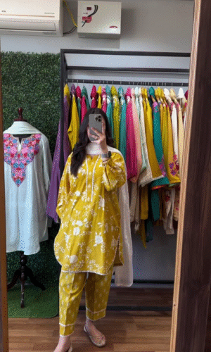 Mustard Yellow Floral Embroidered Cotton Kurta Set with Scalloped Edges, Straight Fit Pants, and White Dupatta – Elegant Everyday Ethnic Wear for a Fresh and Vibrant Look