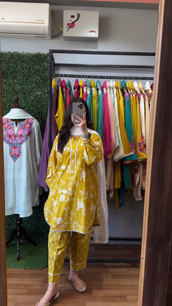 Mustard Yellow Floral Embroidered Cotton Kurta Set with Scalloped Edges, Straight Fit Pants, and White Dupatta – Elegant Everyday Ethnic Wear for a Fresh and Vibrant Look