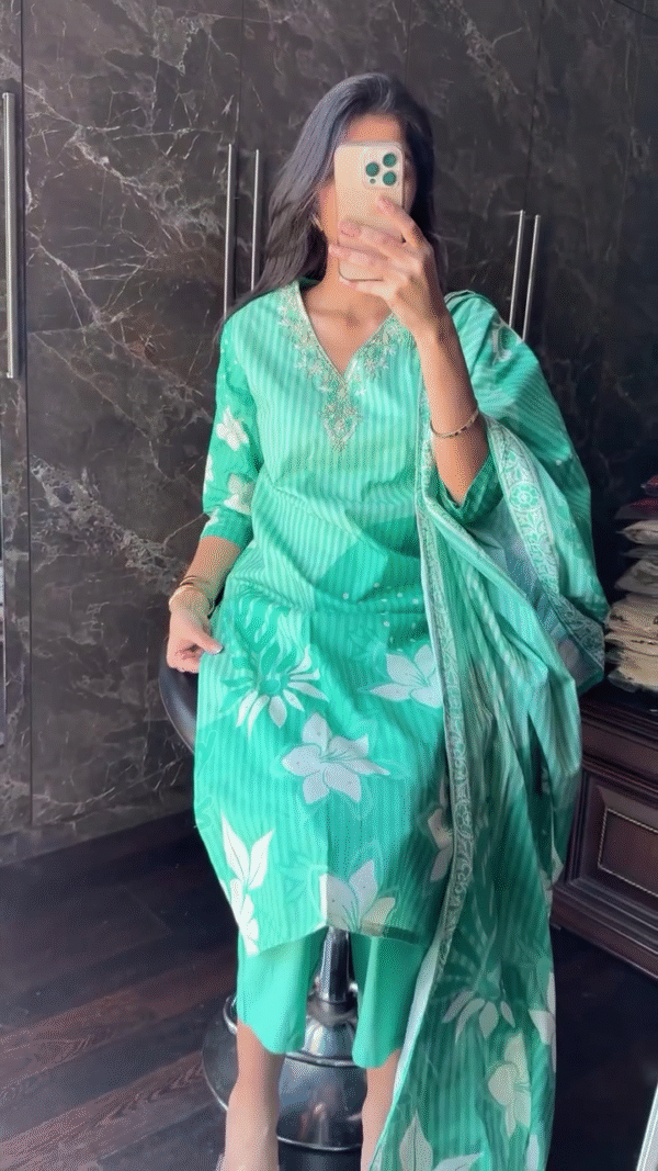 Embroidered Cotton Blend Striped Kurti Set – Elegant Three-Piece Suit with Floral Printed Dupatta and Matching Bottoms - Image 3