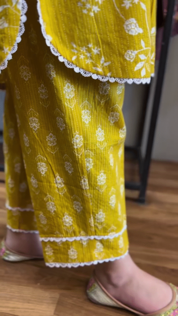 Mustard Yellow Floral Embroidered Cotton Kurta Set with Scalloped Edges, Straight Fit Pants, and White Dupatta – Elegant Everyday Ethnic Wear for a Fresh and Vibrant Look - Image 3